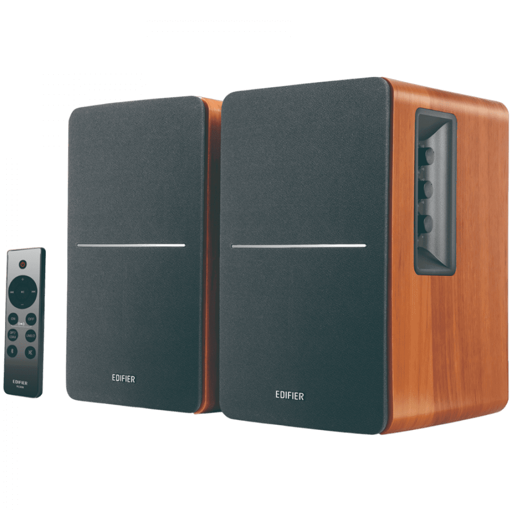 Edifier R1280DBs 2.0 Bookshelf Speakers, BT V5.1, Optical, Coaxial, RCA, 0.5-inch Tweeters, 4-inch Drivers, Sub-Out, 42W (RMS), Control Knobs and Remote Control, Brown