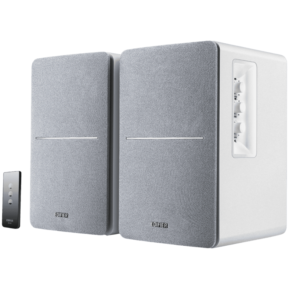 Edifier R1280T 2.0 Bookshelf Speakers, RCA, 0.5-inch Tweeters, 4-inch Drivers, 42W (RMS), Control Knobs and Remote Control, White