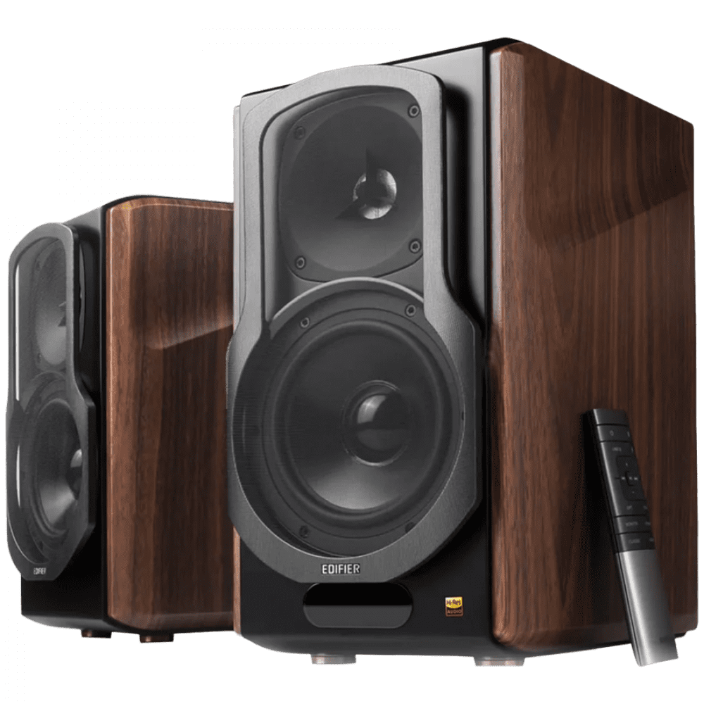 Edifier S2000MKIII Active Bookshelf Speakers, Bluetooth V5.0, Optical, Coaxial, Dual RCA Inputs, Planar diaphragm tweeters and aluminum diaphragm drivers, 130W (RMS), 4 EQ Presets, Control Knobs and Remote Control, Brown