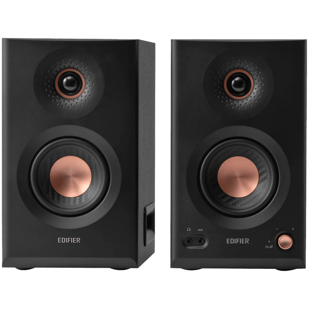 Edifier MR5 Active Studio Monitors (Tri-amped), BT V6.0, Balanced XLR, Balanced TRS, RCA and AUX, with headphone output, 5-inch woofers, 3.75-inch mid-range drivers, and 1-inch silk dome tweeters, 110W (RMS), Room Acoustic Compensation, Black
