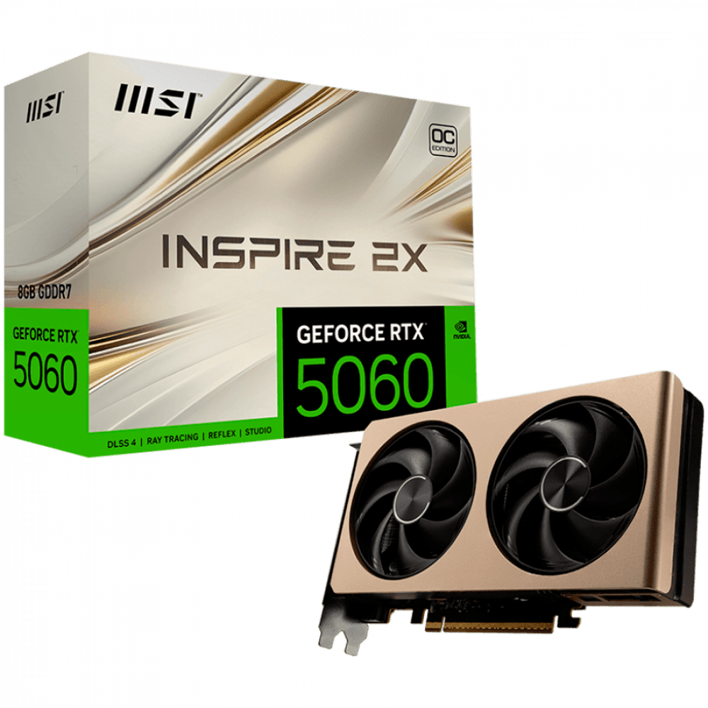 MSI Video Card NVIDIA GeForce RTX 5060 8G INSPIRE 2X OC, 8GB GDDR7, 128-bit, 2535 MHz Boost, 3840 CUDA Cores, PCIe 5.0 (x8), 3x DP 2.1b, HDMI 2.1b, RAY TRACING, Dual Fan, 145W TDP, 8-pin PCIe Power, G-SYNC, 2-Slot, 3Y
