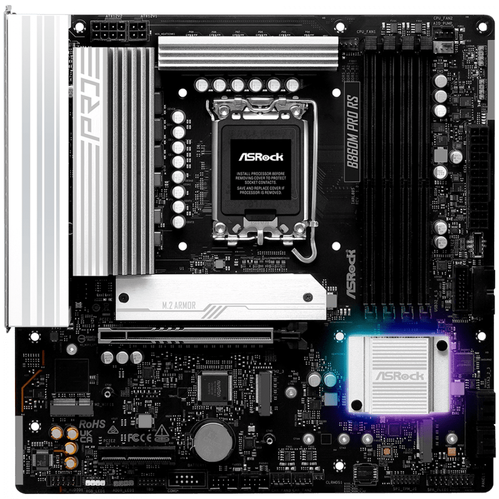 ASROCK MB Desktop B860M Pro Rs, S.1851, 4x DDR5, 1x PCIe 5.0 x16, 1x PCIe 4.0 x4, 1x Blazing M.2, 2x Hyper M.2, 4x SATA3, 2x USB-C, 7x USB 3.2, 6x USB 2.0, 1x RJ-45 2.5GB Lan, 1x HDMI, 1x DP 1.4, mATX