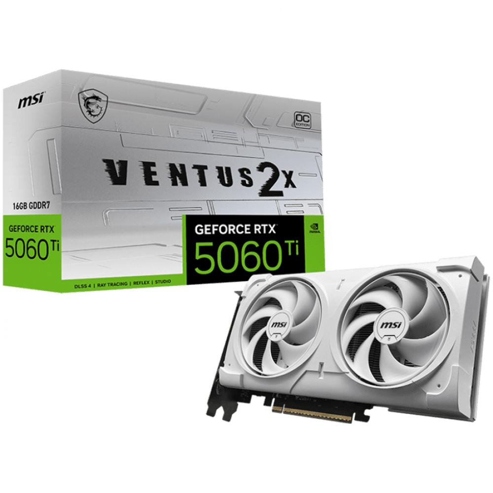 MSI Video Card NVIDIA GeForce RTX 5060 Ti 16G VENTUS 2X OC WHITE PLUS, 16GB GDDR7, 128-bit, 2602 MHz Boost, 4608 CUDA Cores, PCIe 5.0 (x8), 3x DP 2.1b, HDMI 2.1b, RAY TRACING, Dual Fan, 180W TDP, 8-pin PCIe Power, G-SYNC, 2-Slot, 3Y