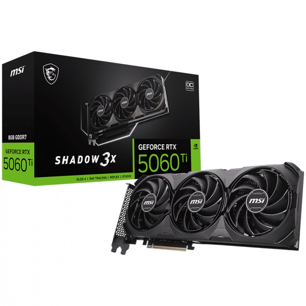 MSI Video Card NVIDIA GeForce RTX 5060 Ti 8G SHADOW 3X OC CLASSIC, 8GB GDDR7, 128-bit, 2602 MHz Boost, 4608 CUDA Cores, PCIe 5.0 (x8), 3x DP 2.1b, HDMI 2.1b, RAY TRACING, Triple Fan, 180W TDP, 8-pin PCIe Power, G-SYNC, 2-Slot, 3Y