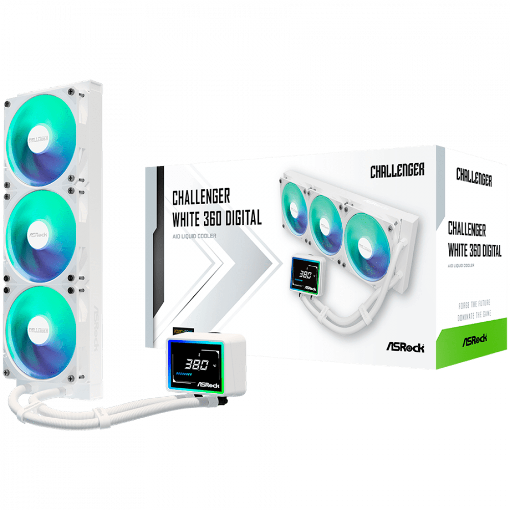 Asrock Challenger White 360 Digital, AiO liquid cooler, ARGB, Digital display, 360 mm radiator, AM5, AM4, LGA1851, LGA1700, 90-ACLA36-WAAGA6, White, 6Y