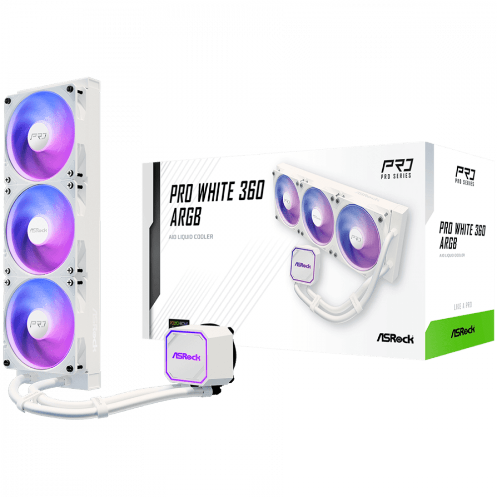 Asrock Pro White 360 ARGB, AiO liquid cooler, 360 mm radiator, AM5, AM4, LGA1851, LGA1700, 90-APRA36-WAAGA6, White, 6Y