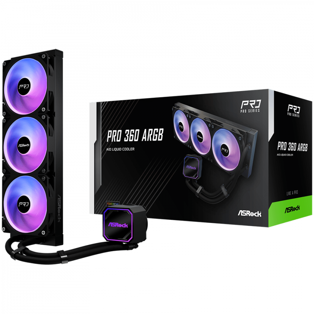 Asrock Pro 360 ARGB, AiO liquid cooler, 360 mm radiator, AM5, AM4, LGA1851, LGA1700, 90-APRA36-BAAGA6, Black, 6Y