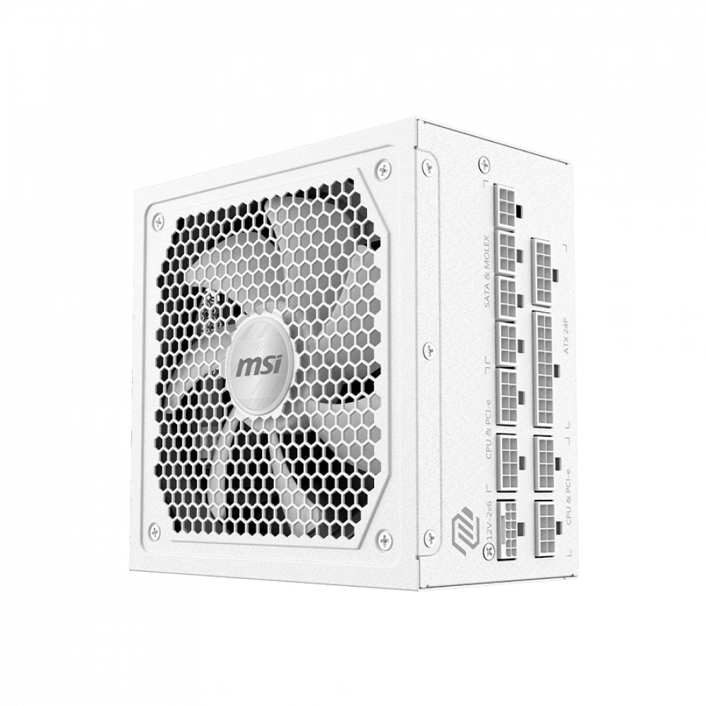 MSI MAG A1000GL PCIE5 WHITE, 1000W, 80 PLUS Gold, 135mm FDB Fan, Protections: OCP/OVP/OPP/OTP/SCP/UVP, Active PFC Design, Flat Cables, Dimensions: 150mmx150mmx86mm, White, 7Y Warranty