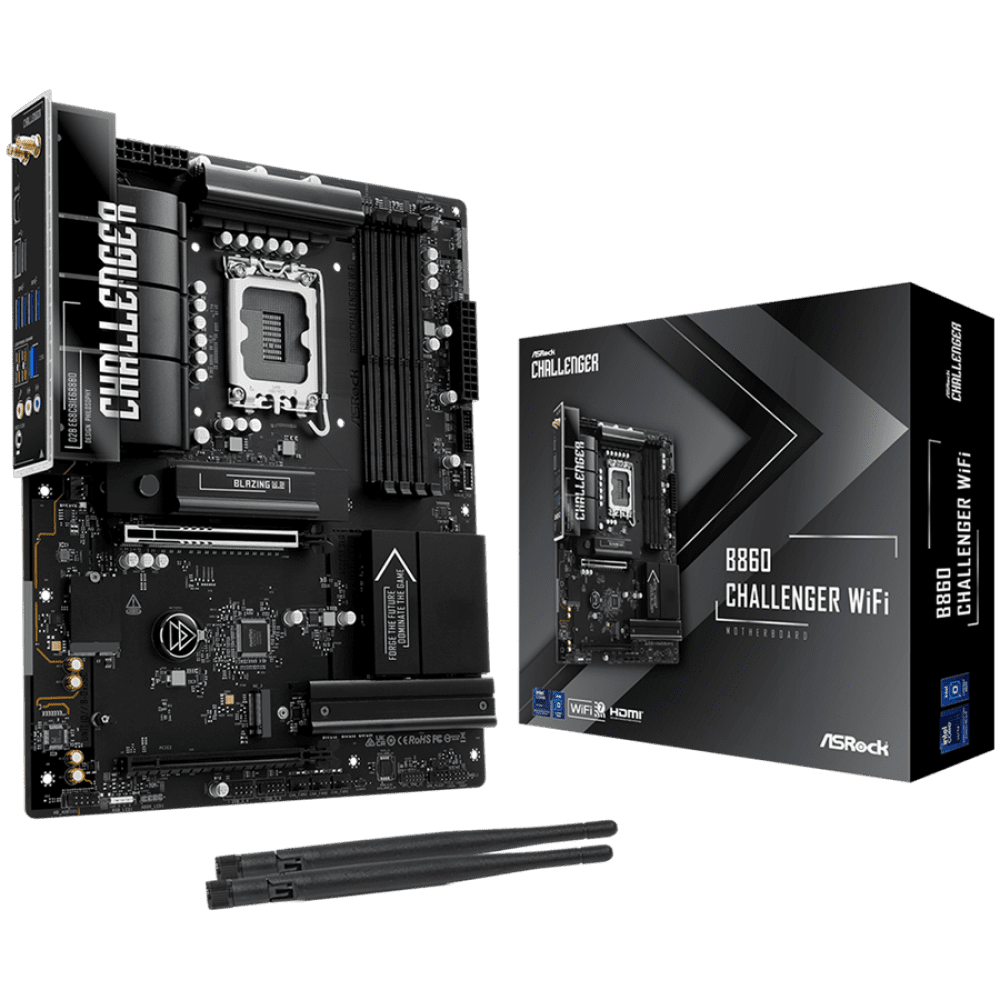 ASROCK MB Desktop B860 Challenger Wi-fi, S.1851, 4x DDR5, 1x PCIe 5.0 x16, 1x PCIe 4.0 x4, 1x Blazing M.2, 2x Hyper M.2, 4x SATA 3, 2x USB-C, 7x USB 3.2, 6x USB 2.0, 1x RJ-45 2.5GB Lan, 802.11be Wi-Fi 6E + Bluetooth 5.4, ATX