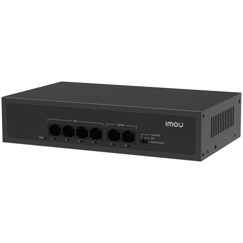 Imou 6-port 100M unmanaged PoE Switch, 4x PoE 10/100, 2x uplink 10/100, 45W total power, up to 250m PoE, 4KV lighting Protection, 802.3af/at,