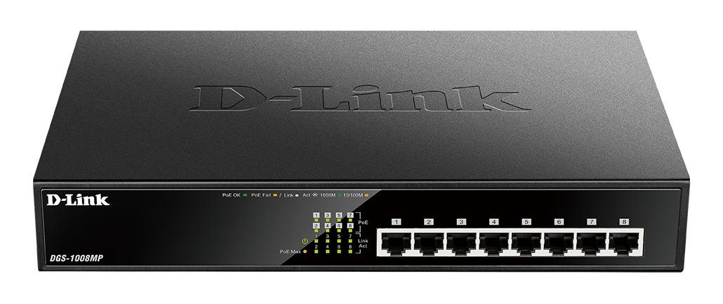 Суич D-Link DGS-1008MP, 8 портов PoE 10/100/1000 Gigabit, неуправляем десктоп суич