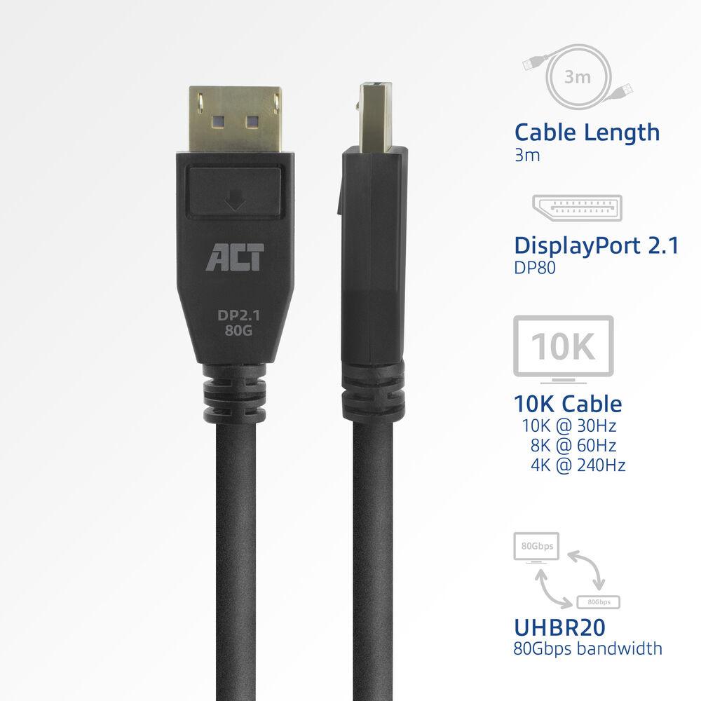 ACT Кабел Display port 2.1 мъжко - HDMI-A мъжко, 3м, черен, булк опаковка - Image 2