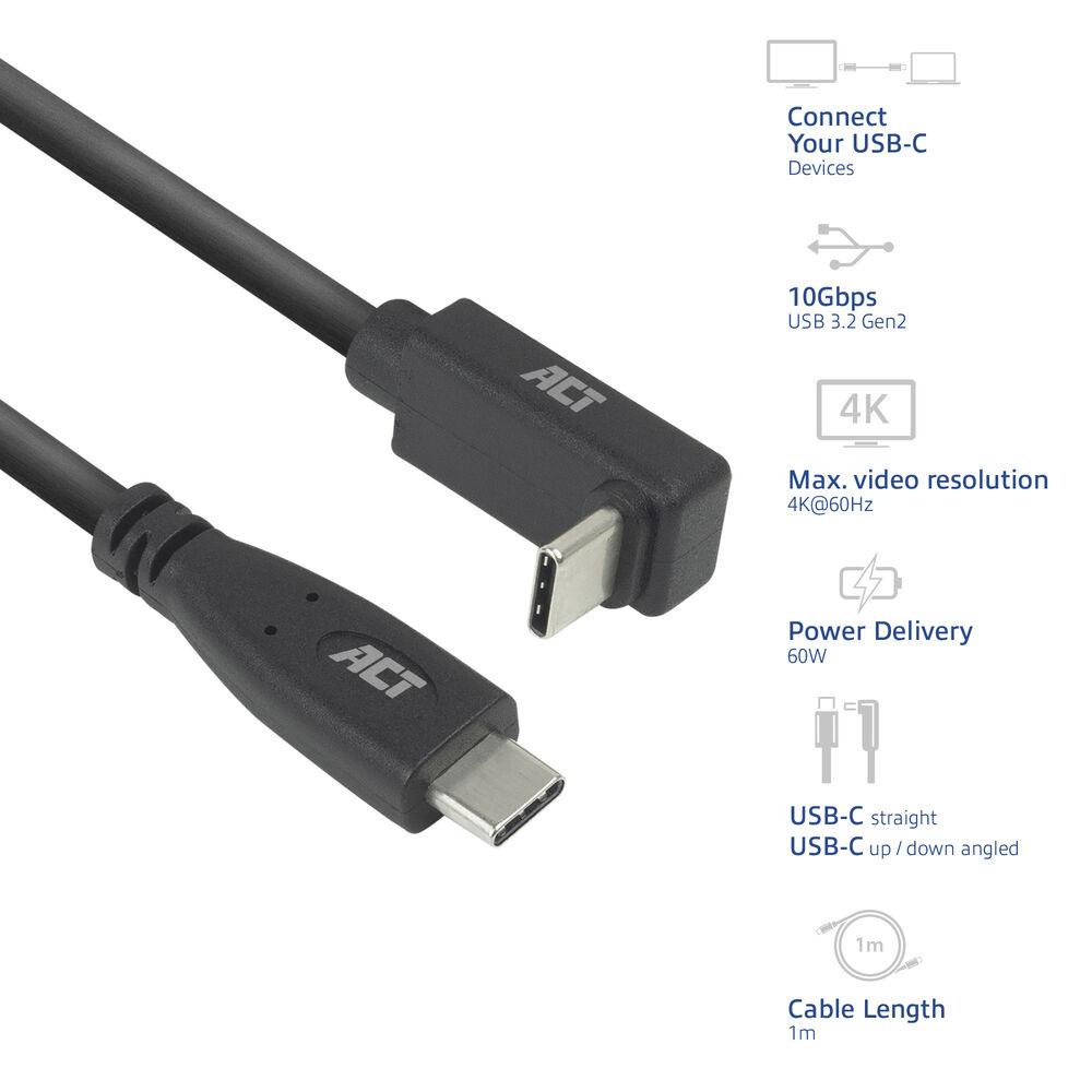 ACT Кабел USB-C - USB-C, 10Gbps, 60W, 1 м, конектори - един прав и един на 90° up/down angled - Image 2