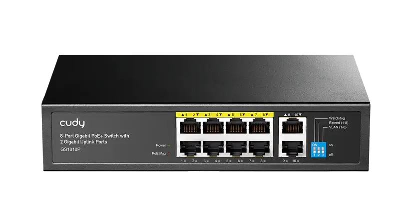 Суич Cudy GS1010P V3.0 , 8-портов 10/100/1000 Mbps RJ 45, 2xUplink порта - Черен